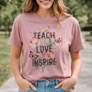 Clover + Pine Pink Tee “Teach Love Inspire” Studded Floral Butterfly Top M